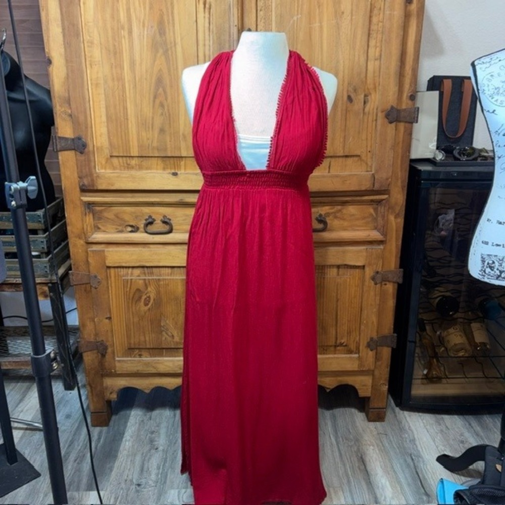 Tiare Hawaii Hollie Maxi Dress Red Halter Smocked Waist Boho One Size - Picture 3 of 7